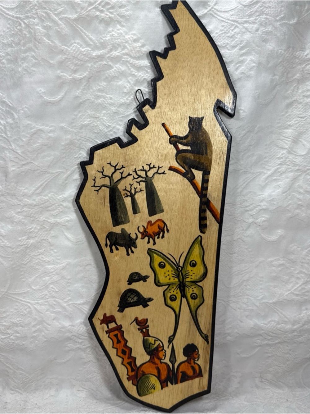 Madagascar Shaped Hand Painted Wood Folk Art Wall Hanging Lemur Baobab Trees